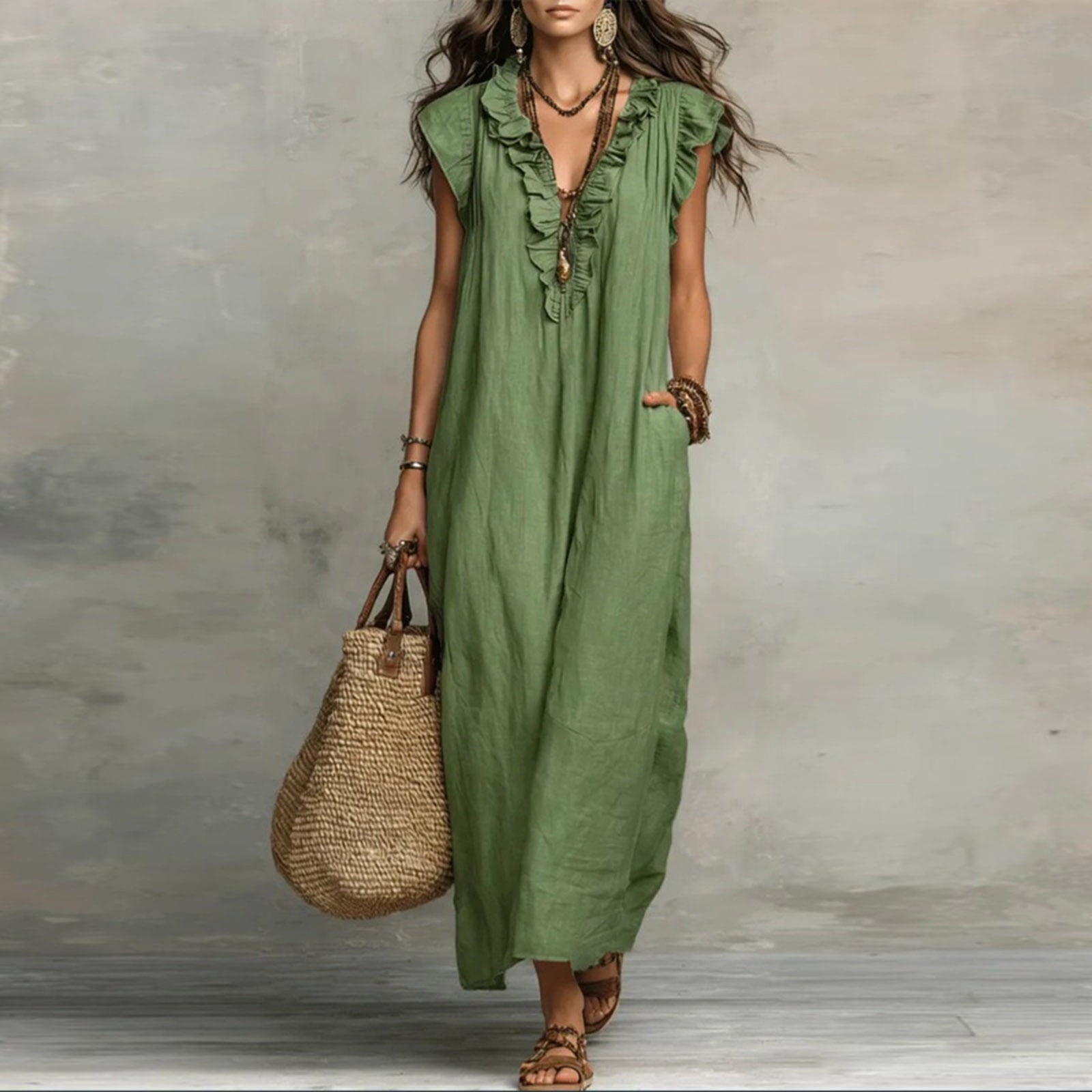✨⏰2026 Summer Solid Color Elegant Temperament Flying Sleeve Dress