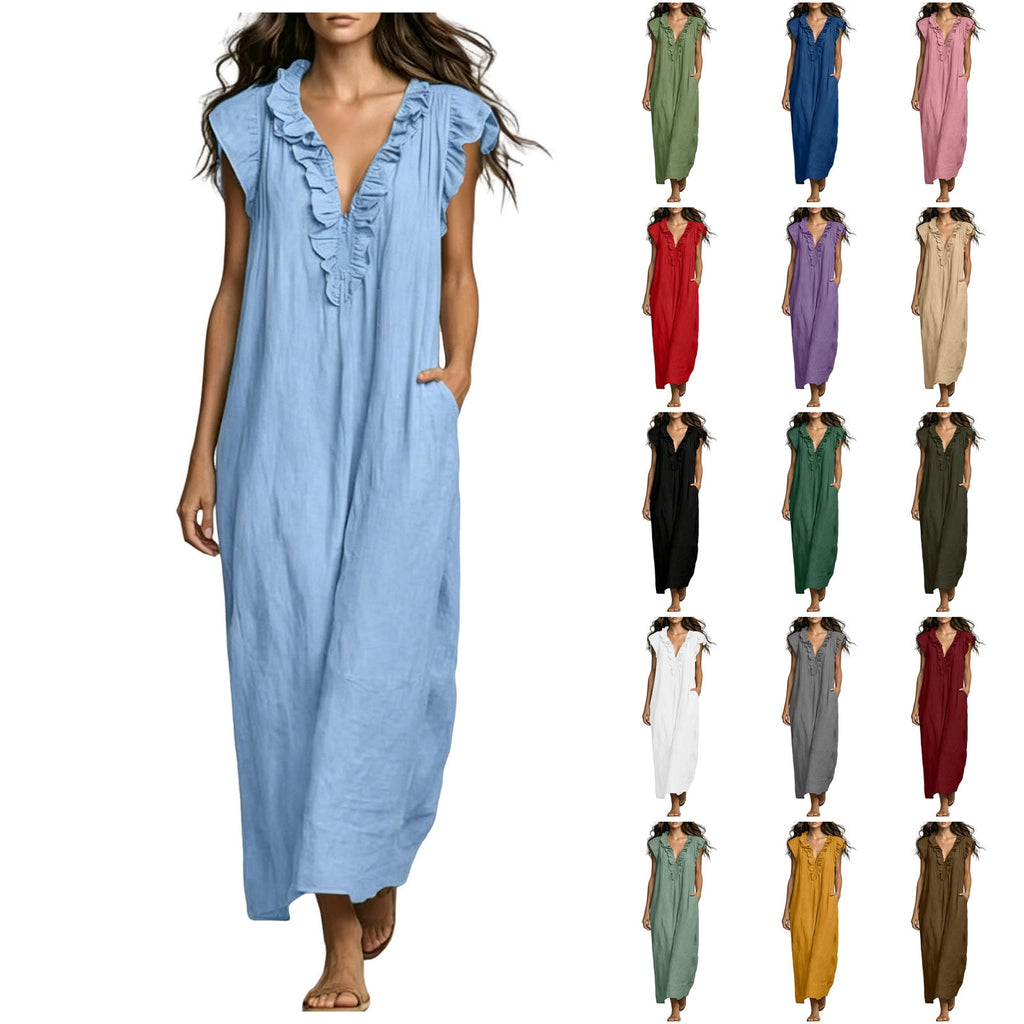 ✨⏰2026 Summer Solid Color Elegant Temperament Flying Sleeve Dress