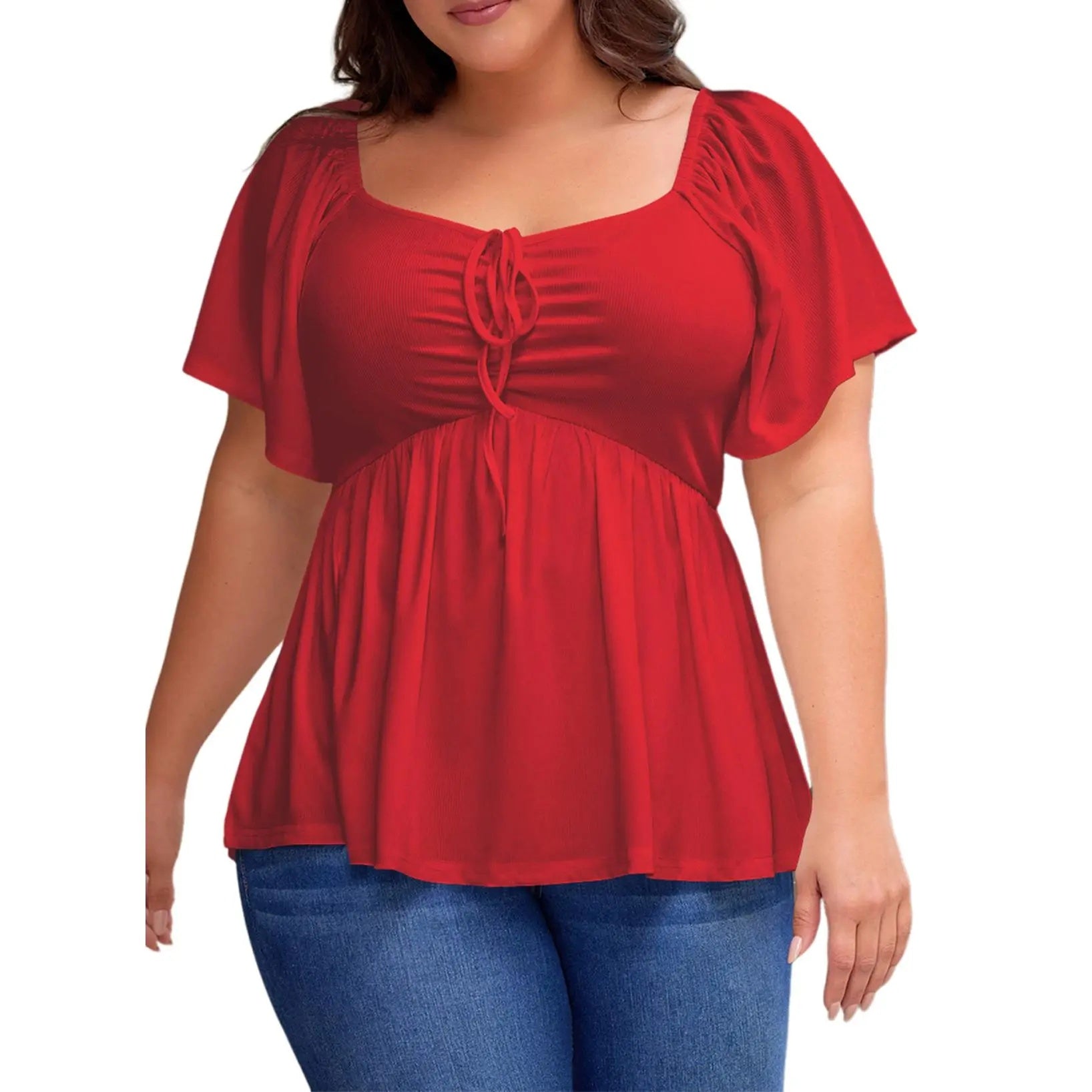 ✨⏰Women Plus Size Sweetheart Neck Short Sleeve Shirred Peplum Rib Blouse Tops Shirts(1X-5X)