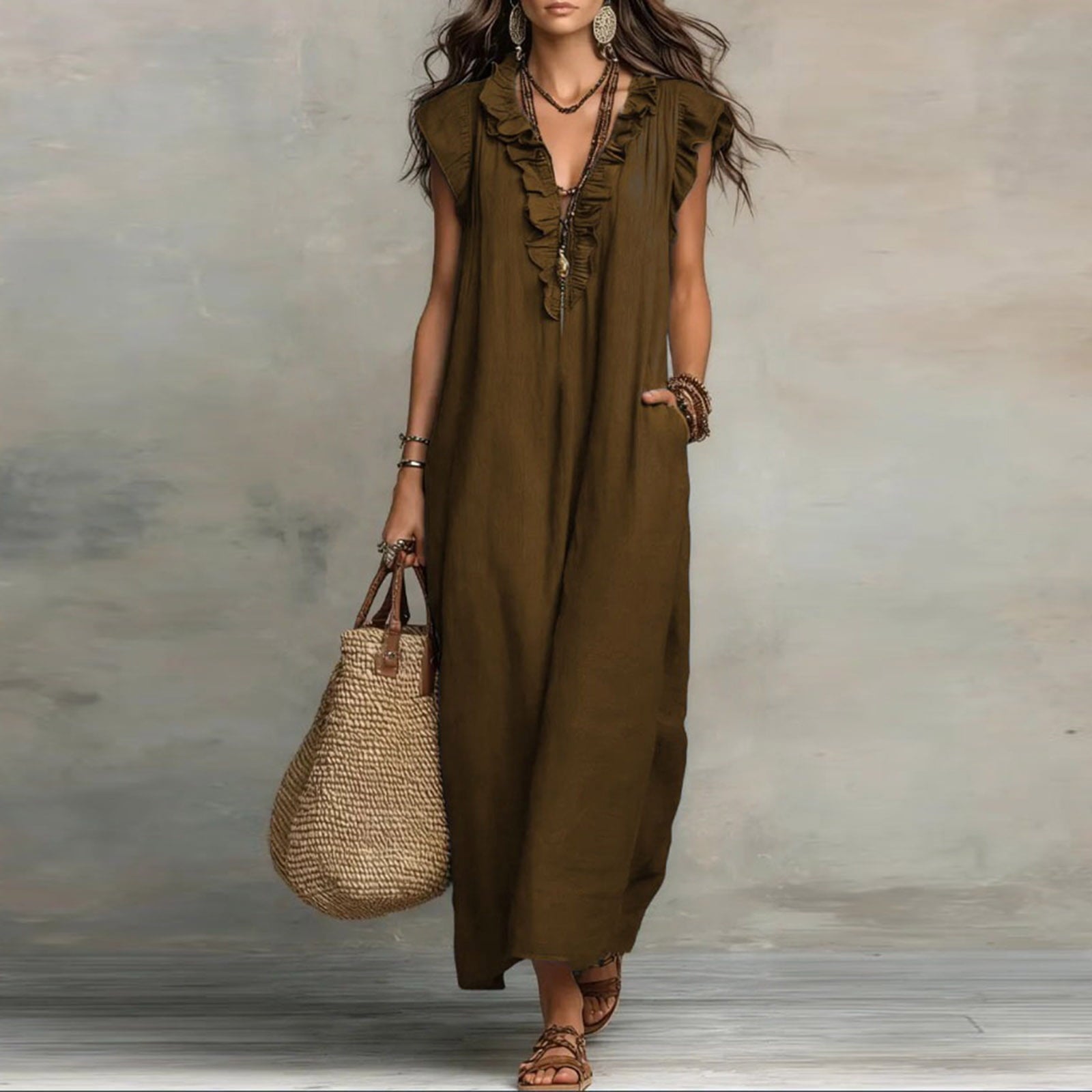 ✨⏰2026 Summer Solid Color Elegant Temperament Flying Sleeve Dress