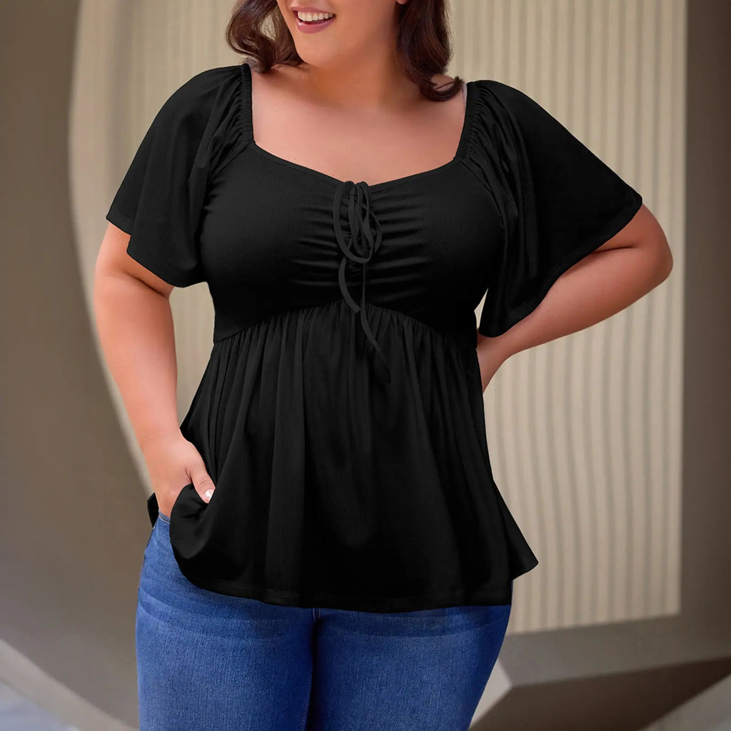 ✨⏰Women Plus Size Sweetheart Neck Short Sleeve Shirred Peplum Rib Blouse Tops Shirts(1X-5X)