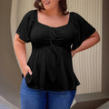 ✨⏰Women Plus Size Sweetheart Neck Short Sleeve Shirred Peplum Rib Blouse Tops Shirts(1X-5X)
