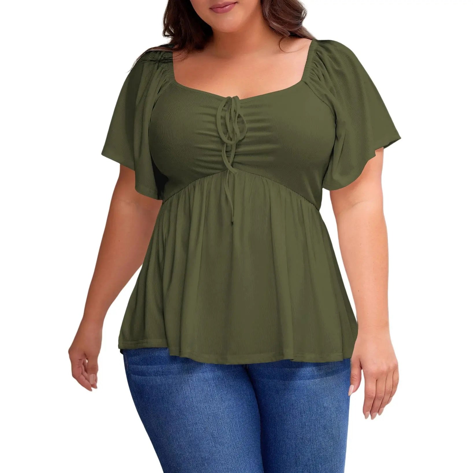 ✨⏰Women Plus Size Sweetheart Neck Short Sleeve Shirred Peplum Rib Blouse Tops Shirts(1X-5X)