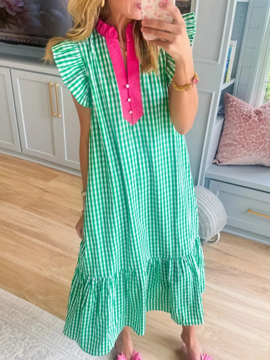 ✨⏰Fresh Chic Gingham Midi Dress with Ruffle Sleeves