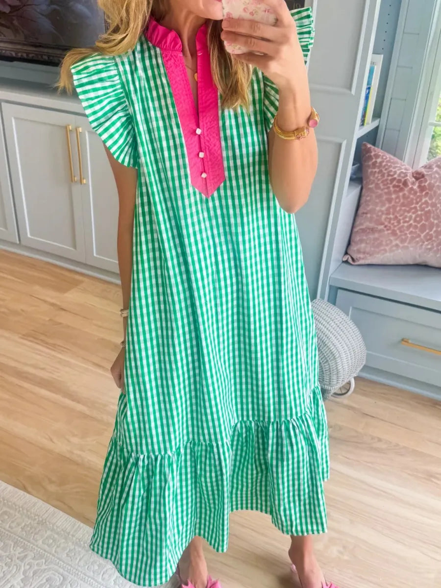 ✨⏰Fresh Chic Gingham Midi Dress with Ruffle Sleeves