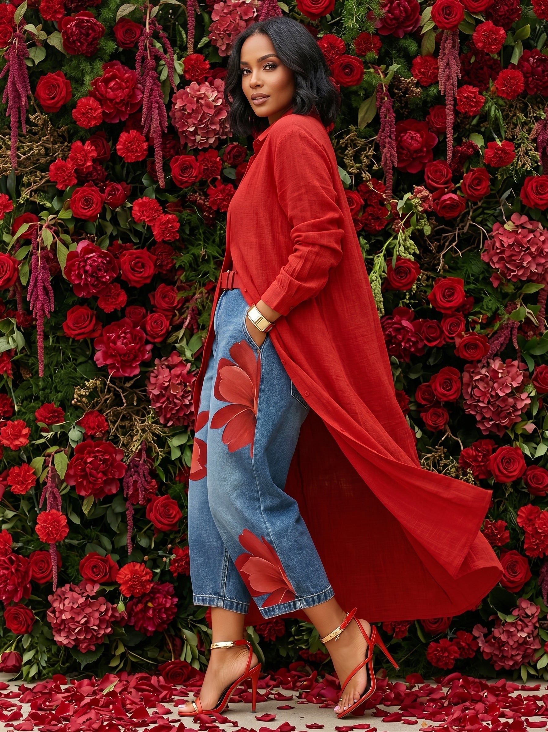 ✨⏰LAST DAY SAVE 49% ⏰Women's Vintage Wash Red Floral Embroidered Denim Pants