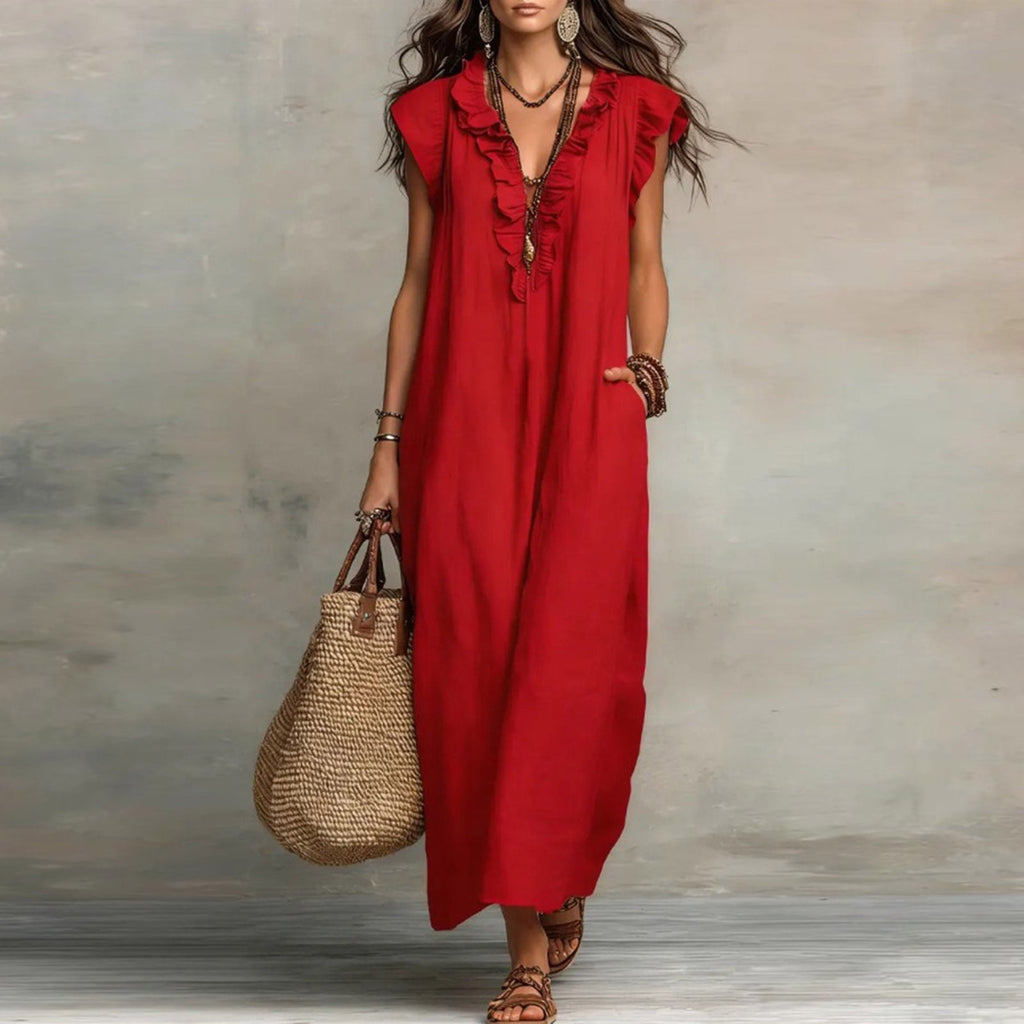 ✨⏰2026 Summer Solid Color Elegant Temperament Flying Sleeve Dress