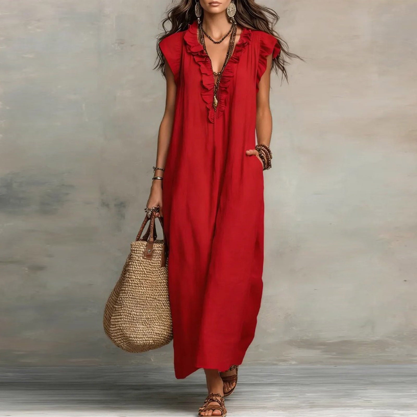 ✨⏰2026 Summer Solid Color Elegant Temperament Flying Sleeve Dress