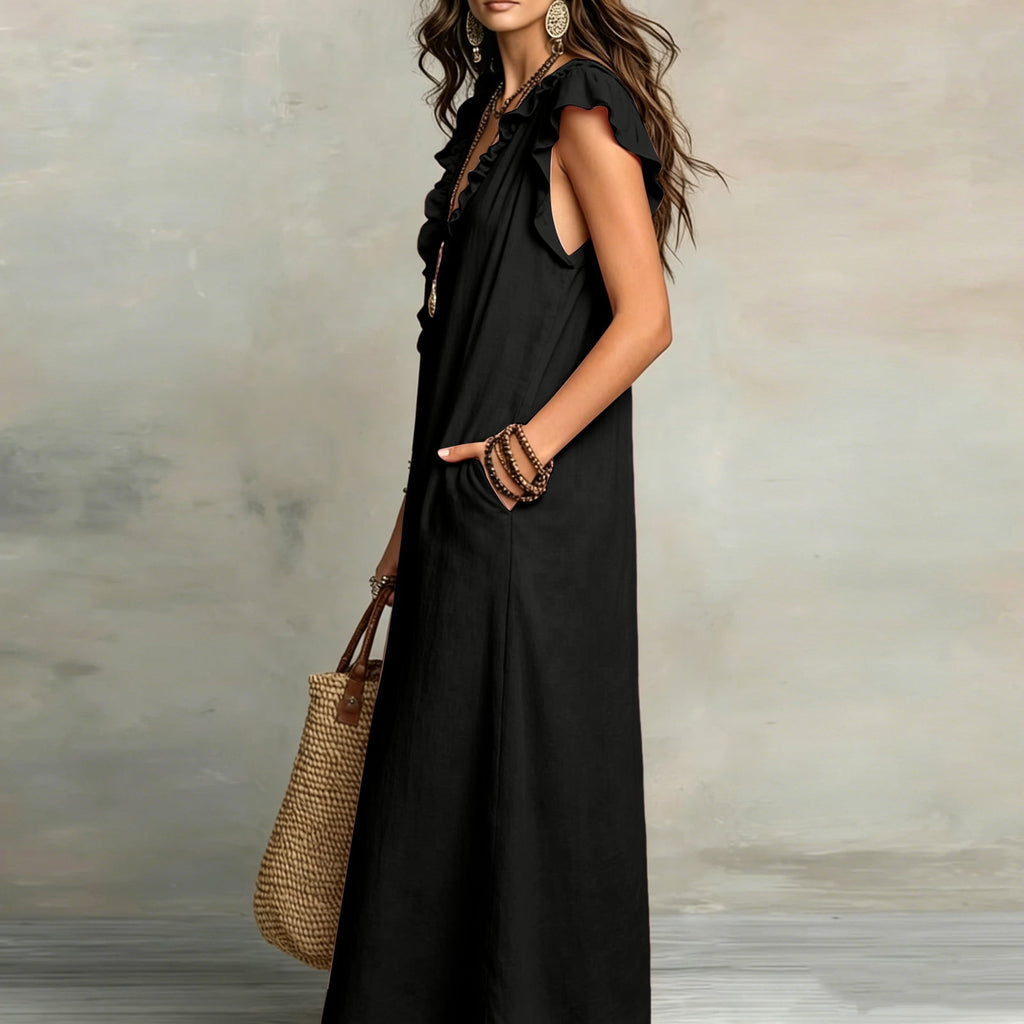 ✨⏰2026 Summer Solid Color Elegant Temperament Flying Sleeve Dress