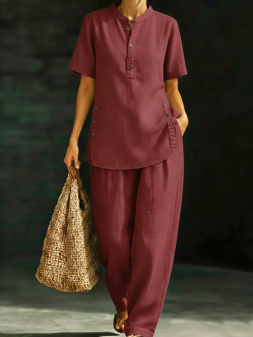 ✨✨LAST DAY SAVE 49% ⏰Cozy Casual Button Shirt And Wide-leg Pants Linen Two-piece Set