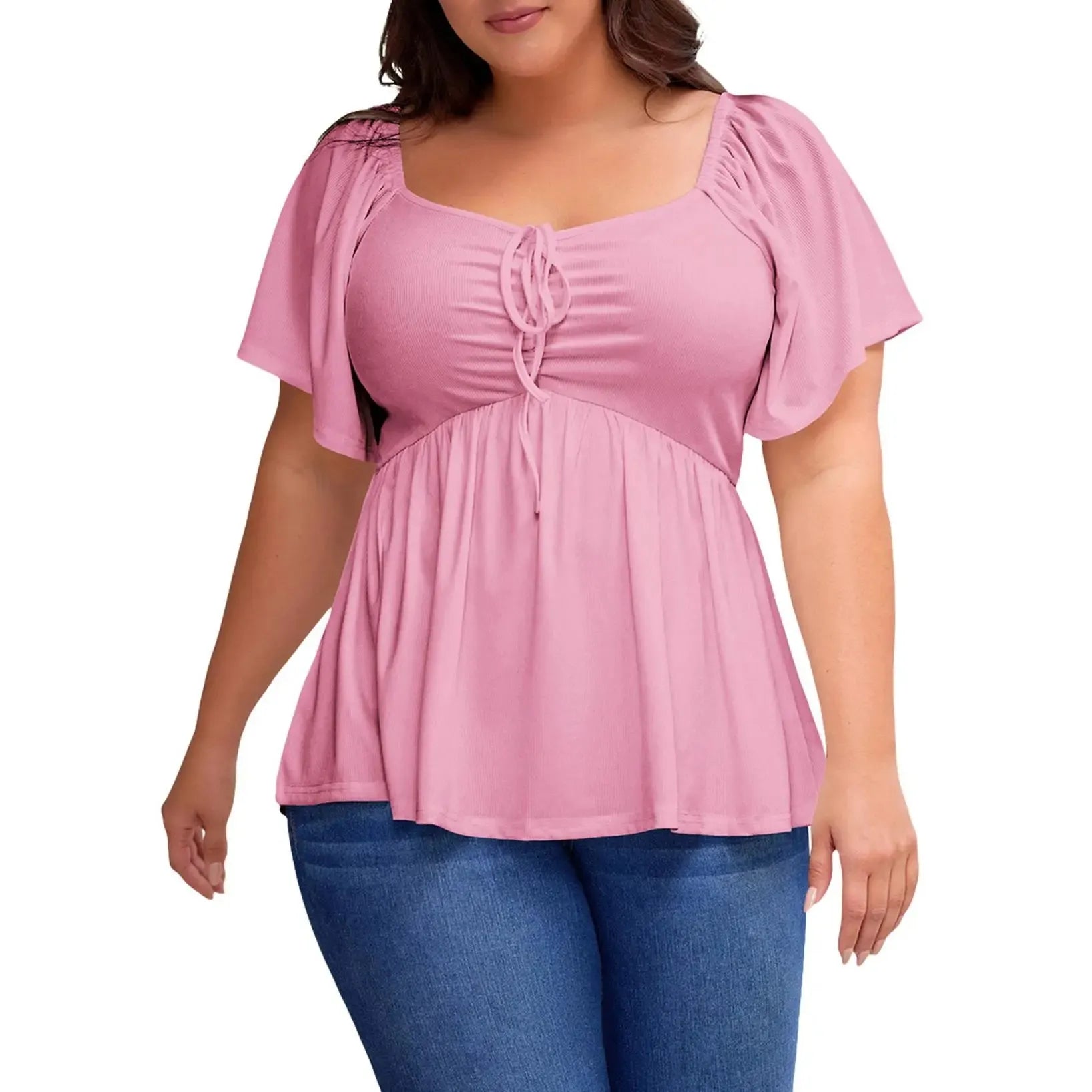 ✨⏰Women Plus Size Sweetheart Neck Short Sleeve Shirred Peplum Rib Blouse Tops Shirts(1X-5X)