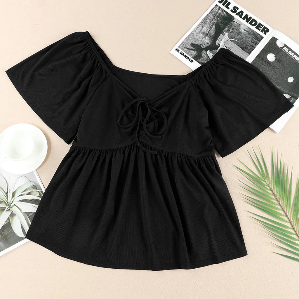 ✨⏰Women Plus Size Sweetheart Neck Short Sleeve Shirred Peplum Rib Blouse Tops Shirts(1X-5X)