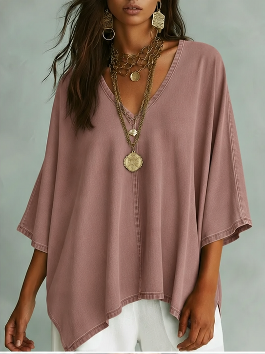 ✨⏰LAST DAY SAVE 49% ⏰Women’s Relaxed V-Neck Chambray Blouse – Loose Fit & Plus-Size Friendly