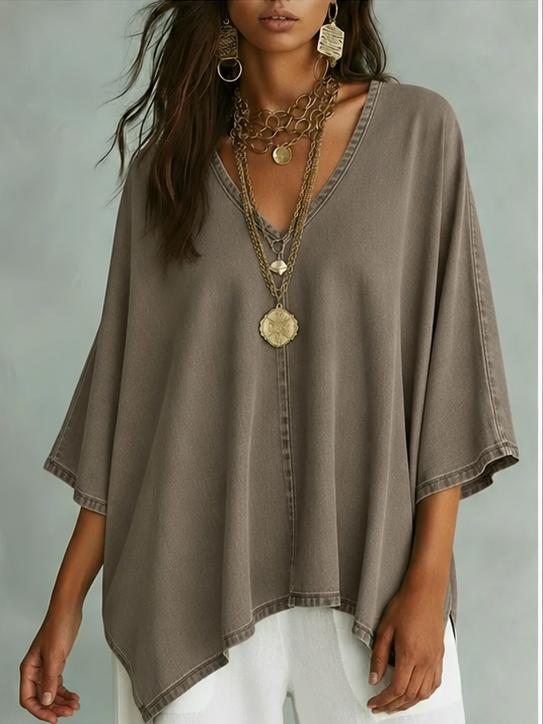✨⏰LAST DAY SAVE 49% ⏰Women’s Relaxed V-Neck Chambray Blouse – Loose Fit & Plus-Size Friendly