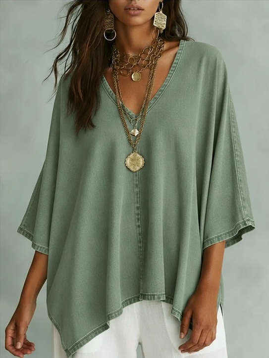 ✨⏰LAST DAY SAVE 49% ⏰Women’s Relaxed V-Neck Chambray Blouse – Loose Fit & Plus-Size Friendly