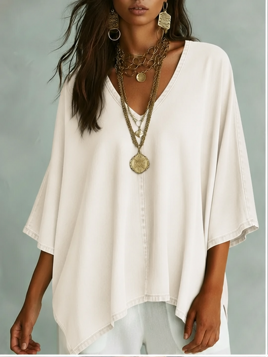 ✨⏰LAST DAY SAVE 49% ⏰Women’s Relaxed V-Neck Chambray Blouse – Loose Fit & Plus-Size Friendly