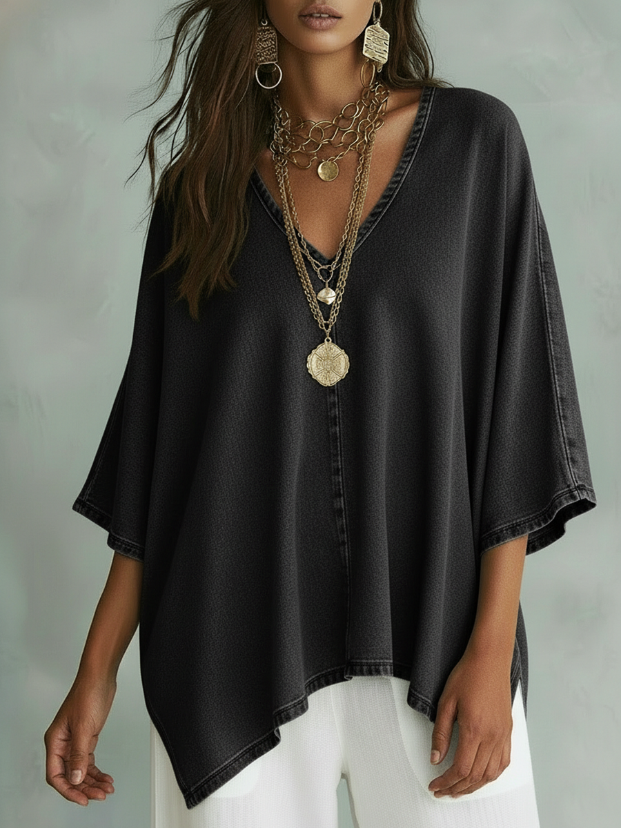 ✨⏰LAST DAY SAVE 49% ⏰Women’s Relaxed V-Neck Chambray Blouse – Loose Fit & Plus-Size Friendly