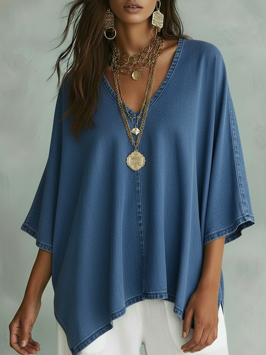 ✨⏰LAST DAY SAVE 49% ⏰Women’s Relaxed V-Neck Chambray Blouse – Loose Fit & Plus-Size Friendly