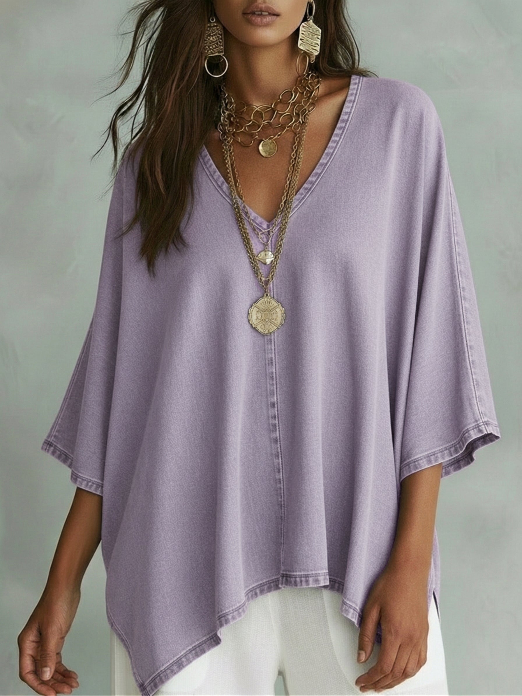 ✨⏰LAST DAY SAVE 49% ⏰Women’s Relaxed V-Neck Chambray Blouse – Loose Fit & Plus-Size Friendly