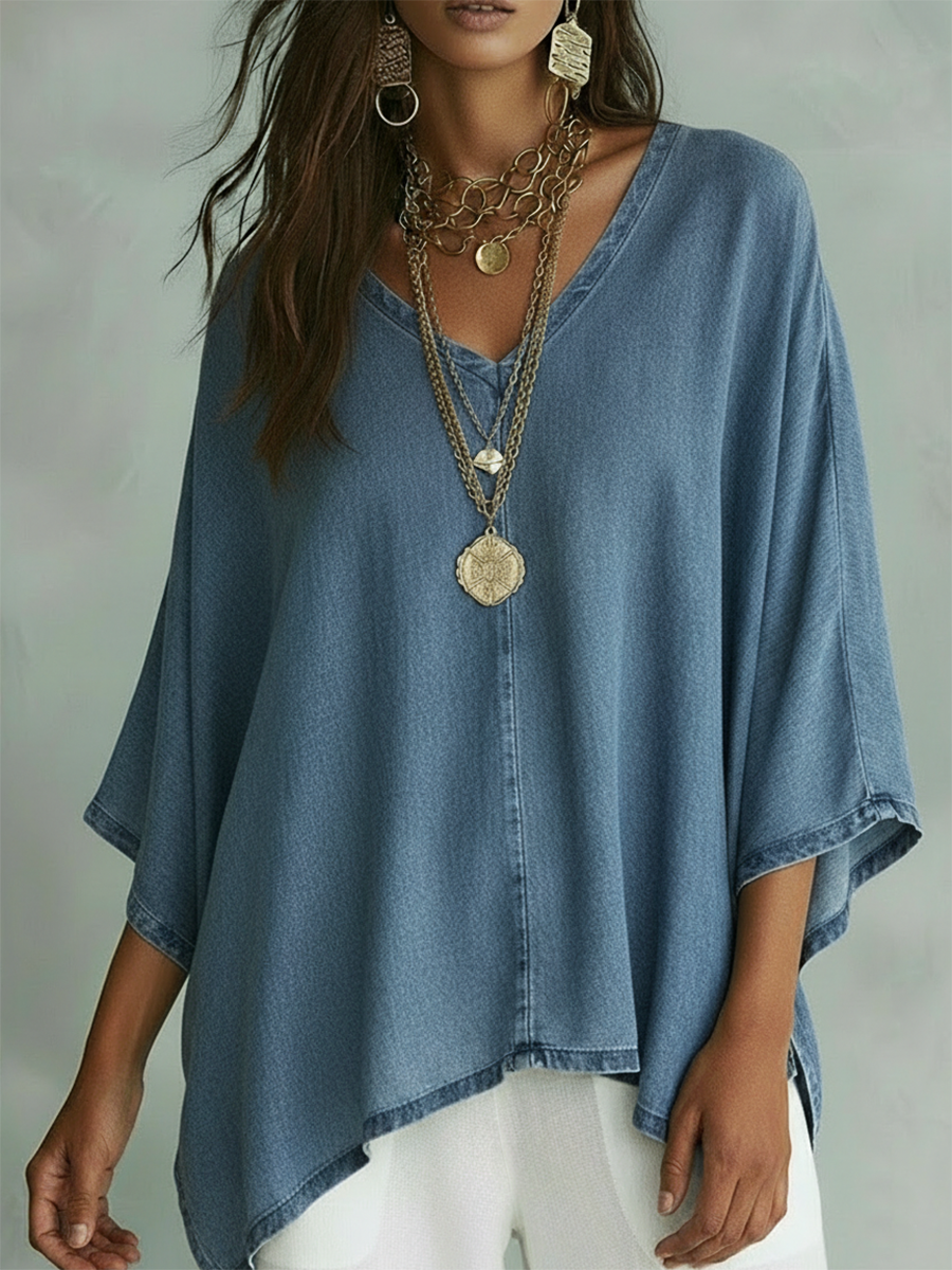 ✨⏰LAST DAY SAVE 49% ⏰Women’s Relaxed V-Neck Chambray Blouse – Loose Fit & Plus-Size Friendly