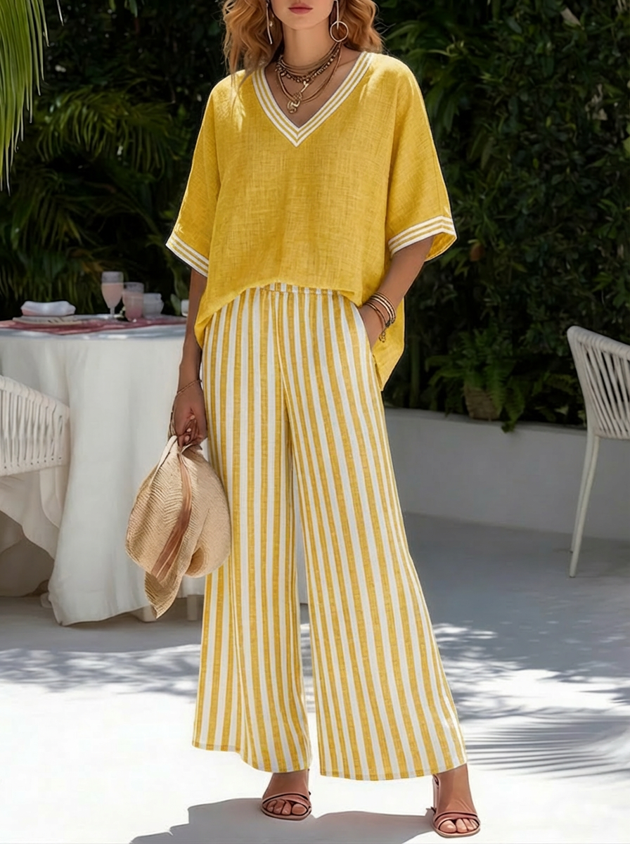 ✨✨Casual Two-piece Set: Striped Linen & Cotton Patchwork Top And Striped Trousers— Look Put Together in 5 Seconds