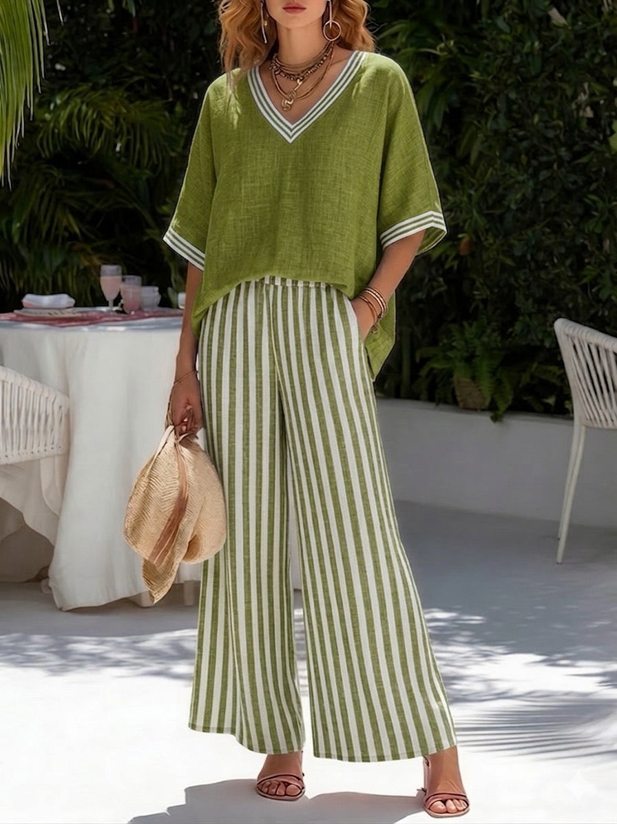 ✨✨Casual Two-piece Set: Striped Linen & Cotton Patchwork Top And Striped Trousers— Look Put Together in 5 Seconds