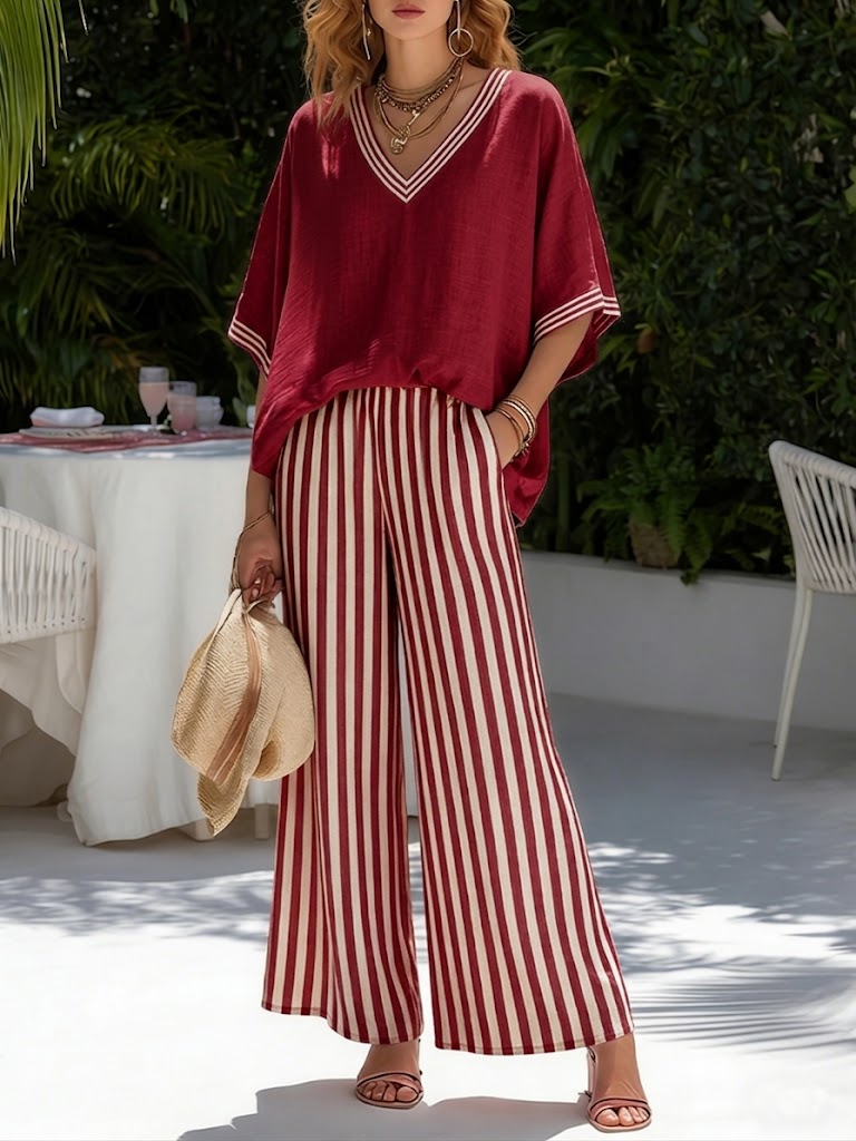 ✨✨Casual Two-piece Set: Striped Linen & Cotton Patchwork Top And Striped Trousers— Look Put Together in 5 Seconds