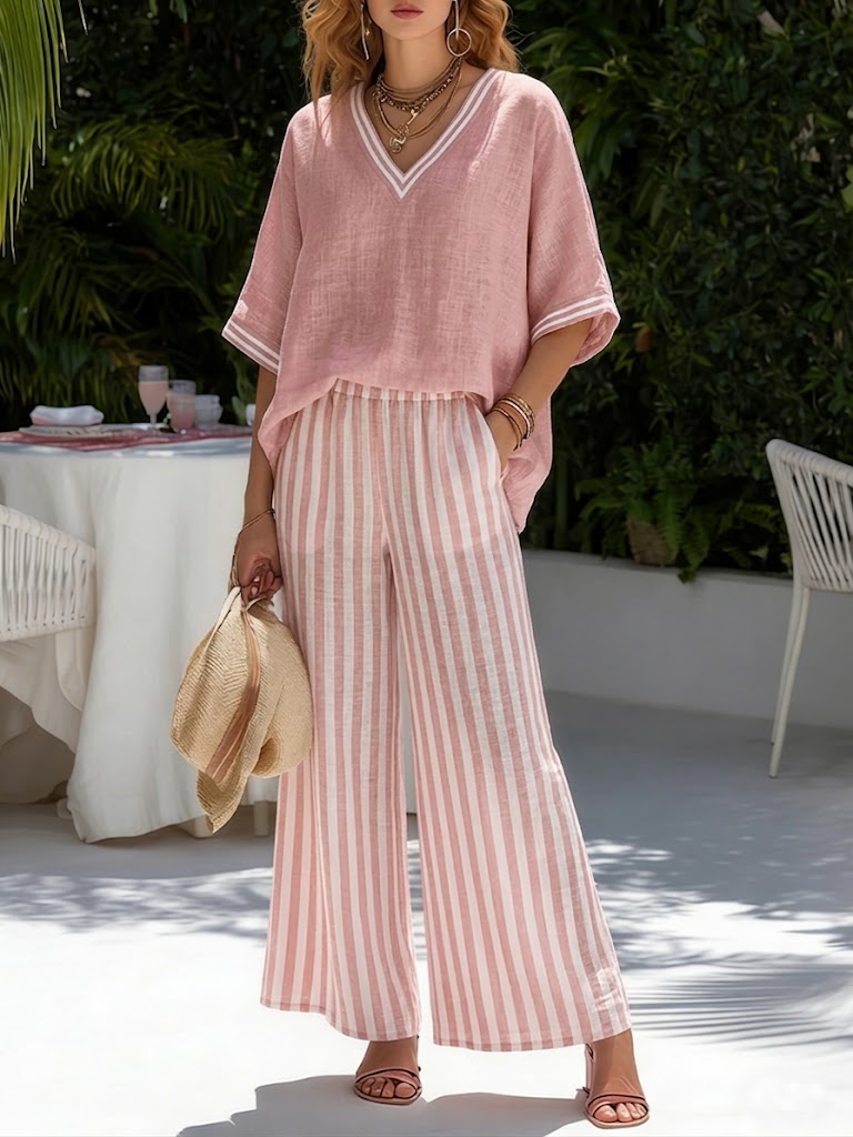 ✨✨Casual Two-piece Set: Striped Linen & Cotton Patchwork Top And Striped Trousers— Look Put Together in 5 Seconds