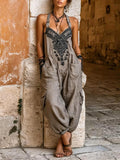 💛Women's V-neck Sleeveless Wide-leg Jumpsuit — Casual, Loose-fit Cotton-linen Blend With Placement Print