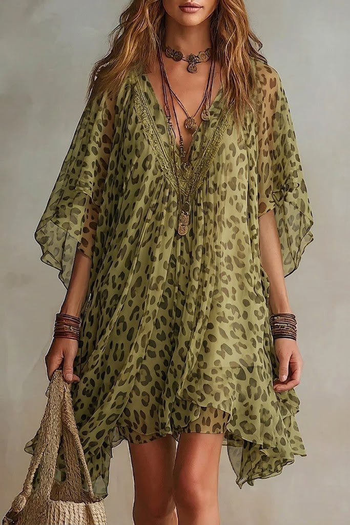 ✨⏰Loose-fitting, Flowy V-neck Leopard Print Chiffon Dress