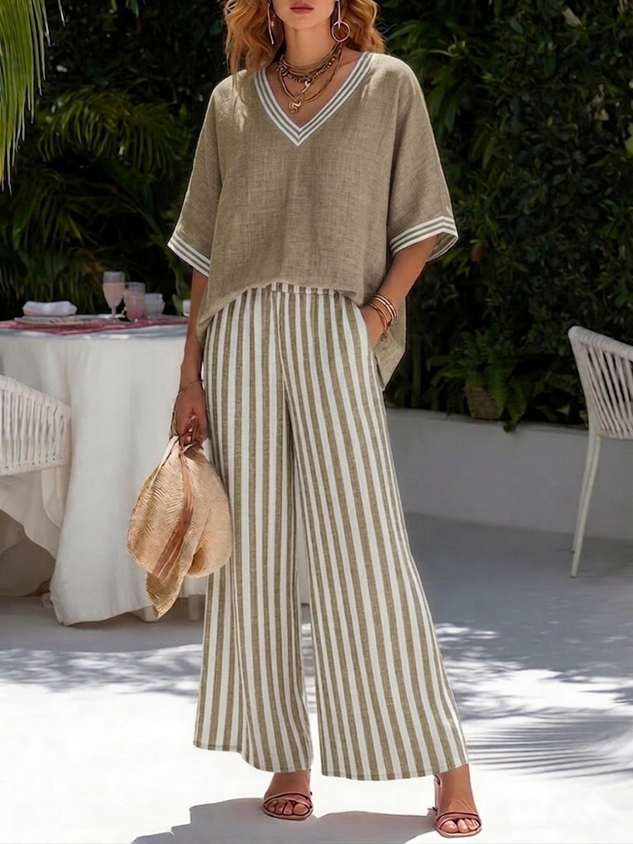 ✨✨Casual Two-piece Set: Striped Linen & Cotton Patchwork Top And Striped Trousers— Look Put Together in 5 Seconds