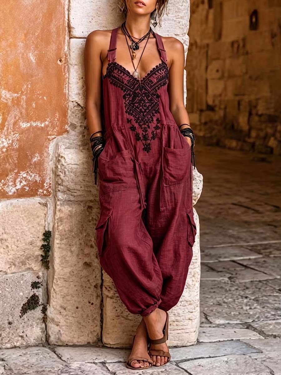 💛Women's V-neck Sleeveless Wide-leg Jumpsuit — Casual, Loose-fit Cotton-linen Blend With Placement Print
