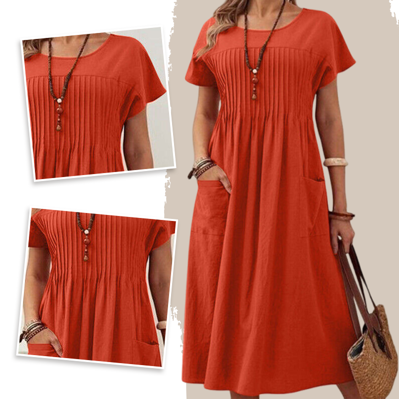 Women’s Pleated Dress with Short Sleeves and Pockets