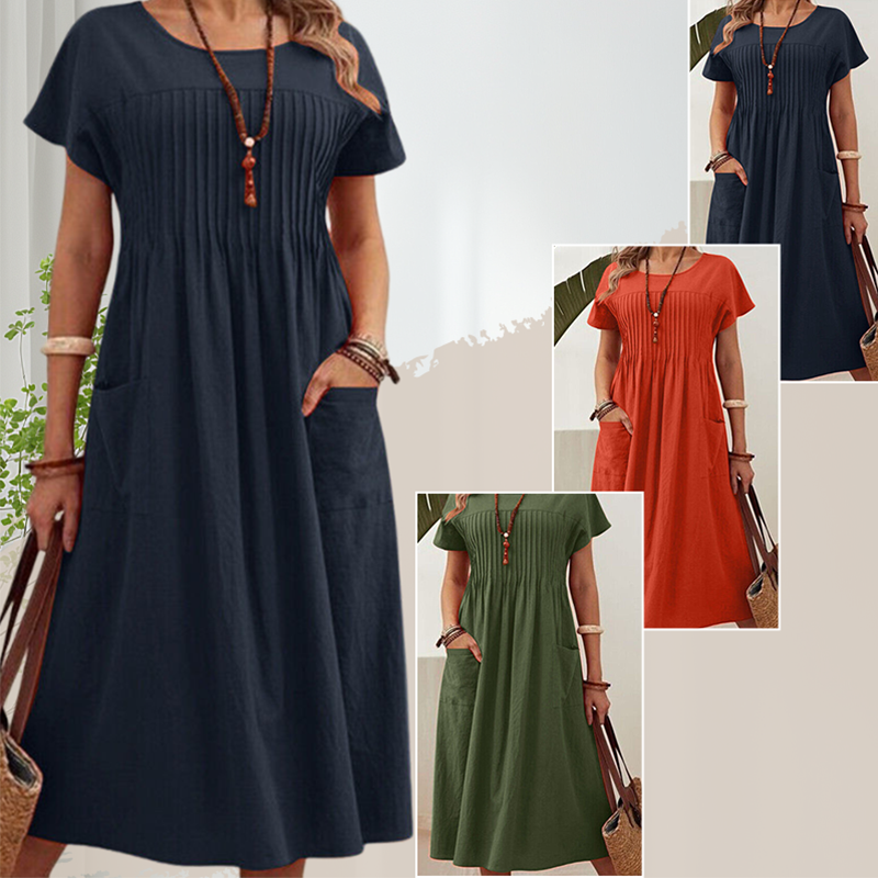 Women’s Pleated Dress with Short Sleeves and Pockets