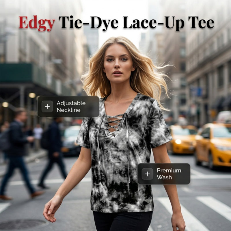 Women's Tie-Dye Lace-Up V-Neck T-Shirt