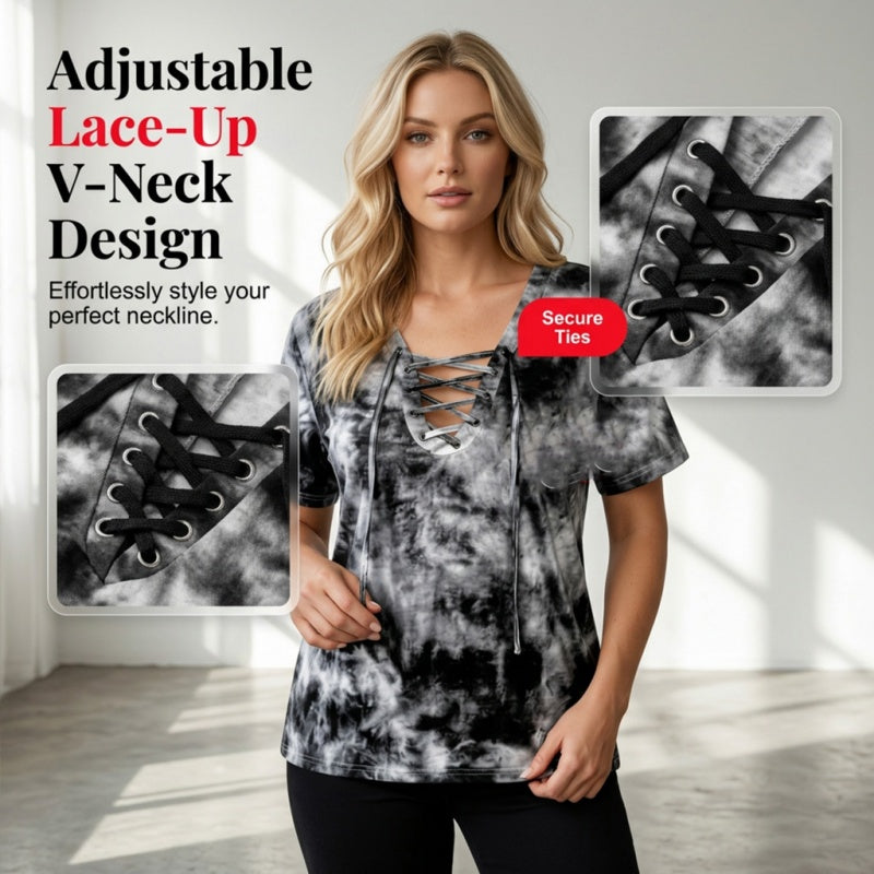 Women's Tie-Dye Lace-Up V-Neck T-Shirt