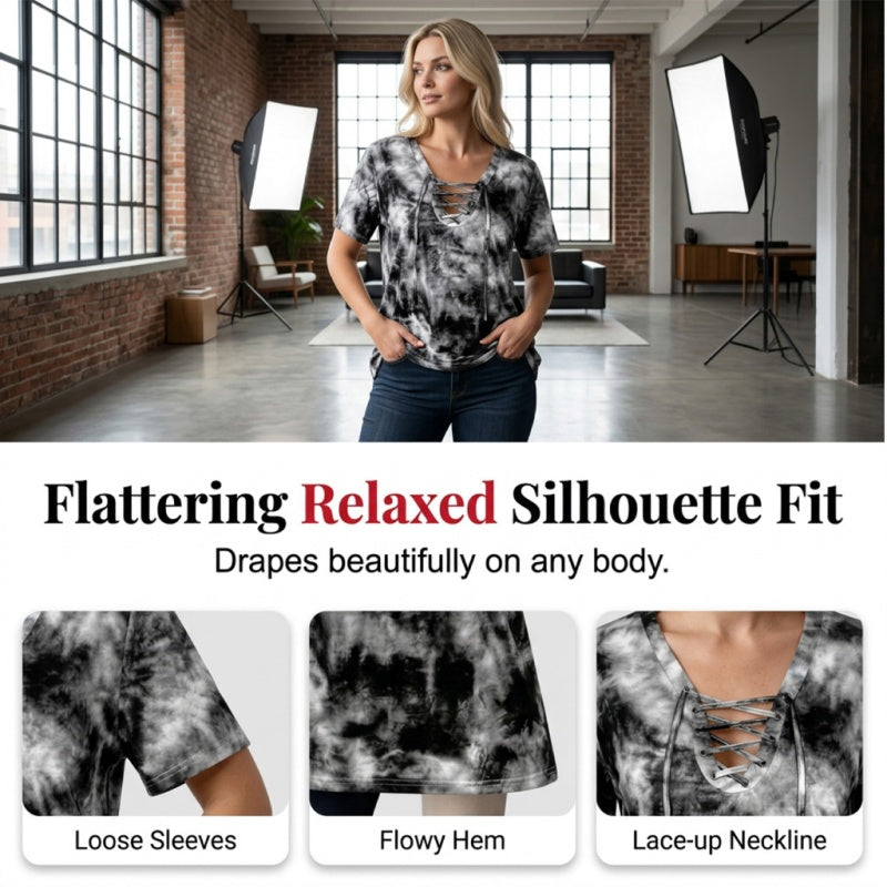 Women's Tie-Dye Lace-Up V-Neck T-Shirt