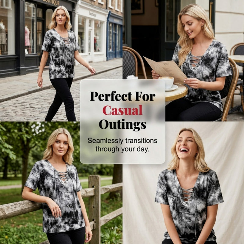 Women's Tie-Dye Lace-Up V-Neck T-Shirt