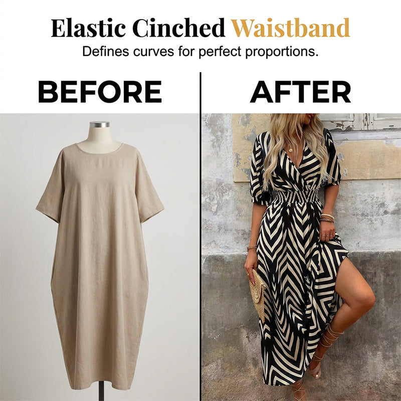 Chevron Print V-Neck Puff Sleeve Midi Dress