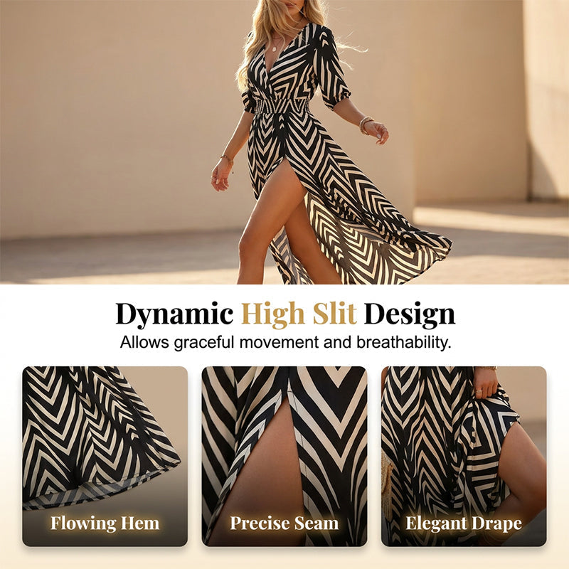 Chevron Print V-Neck Puff Sleeve Midi Dress