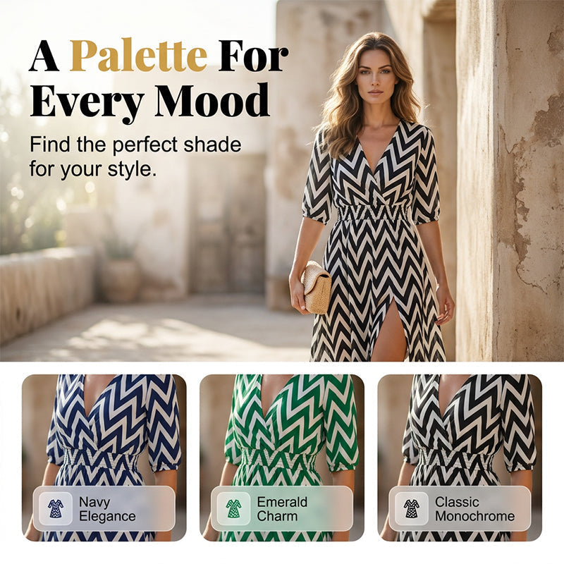 Chevron Print V-Neck Puff Sleeve Midi Dress