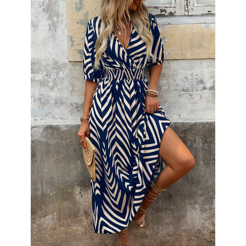 Chevron Print V-Neck Puff Sleeve Midi Dress