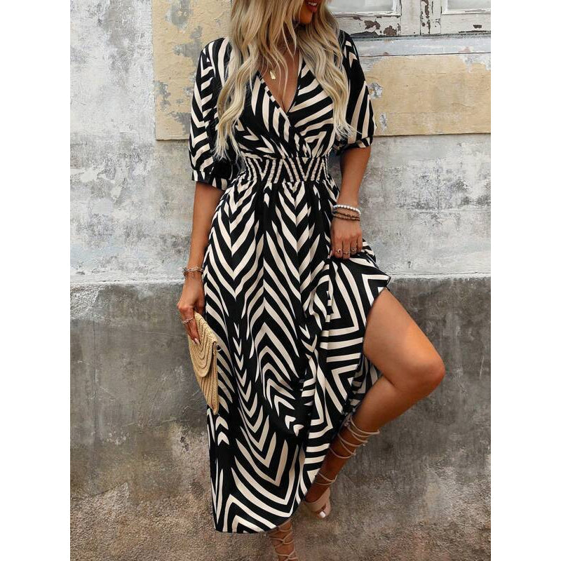 Chevron Print V-Neck Puff Sleeve Midi Dress