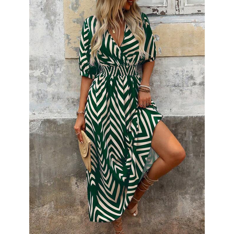 Chevron Print V-Neck Puff Sleeve Midi Dress