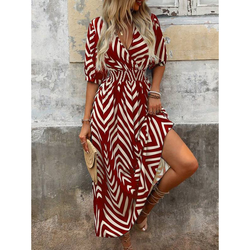 Chevron Print V-Neck Puff Sleeve Midi Dress