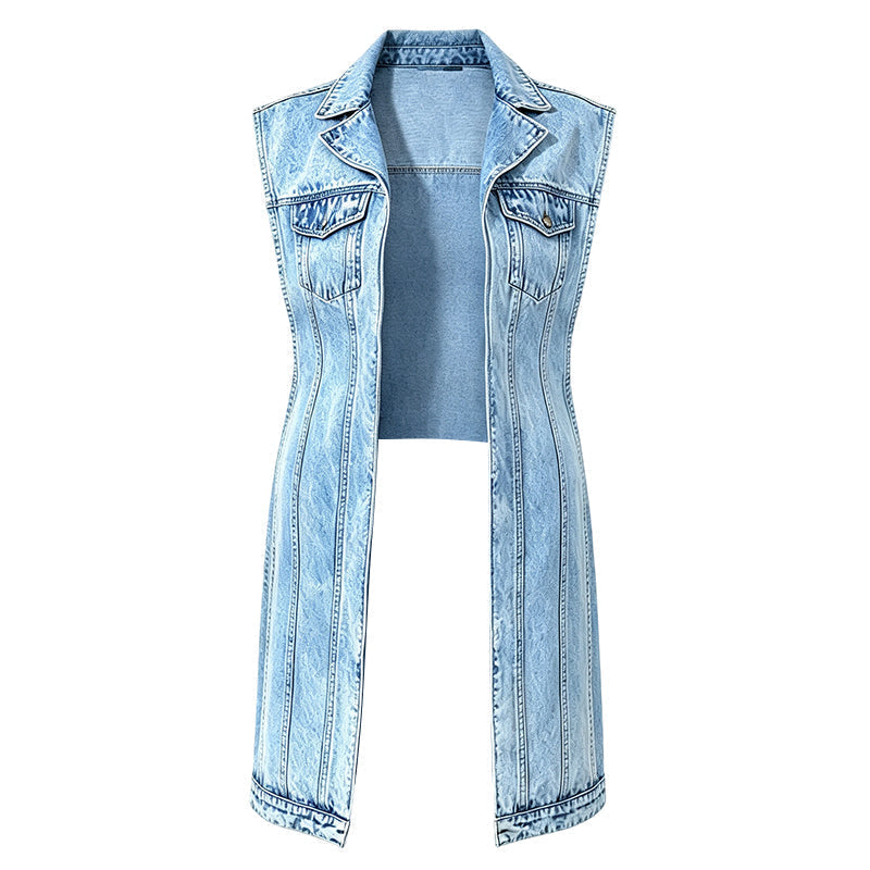 🎉 LIMITED TIME 50% OFF! 🧥 Women Sleeveless High Slit Denim Vest Dress – Patchwork Longline Jean Waistcoat ✨