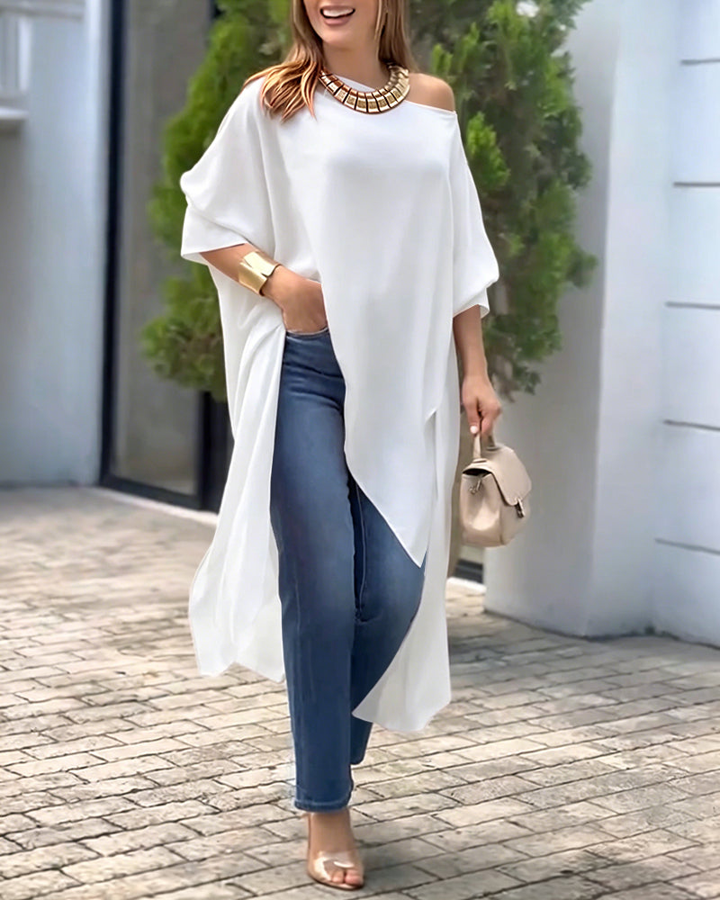 Women's Skew Neck Batwing Sleeve Tee Asymmetric Loose Cape Blouse Slit Elegant Top