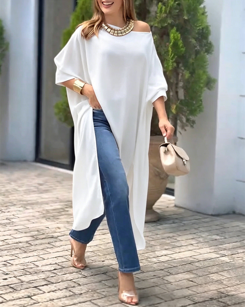 Women's Skew Neck Batwing Sleeve Tee Asymmetric Loose Cape Blouse Slit Elegant Top