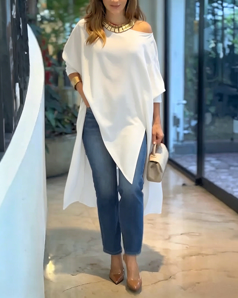Women's Skew Neck Batwing Sleeve Tee Asymmetric Loose Cape Blouse Slit Elegant Top