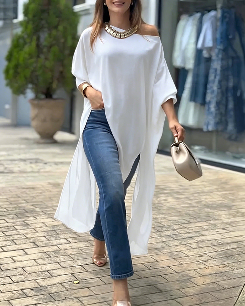 Women's Skew Neck Batwing Sleeve Tee Asymmetric Loose Cape Blouse Slit Elegant Top